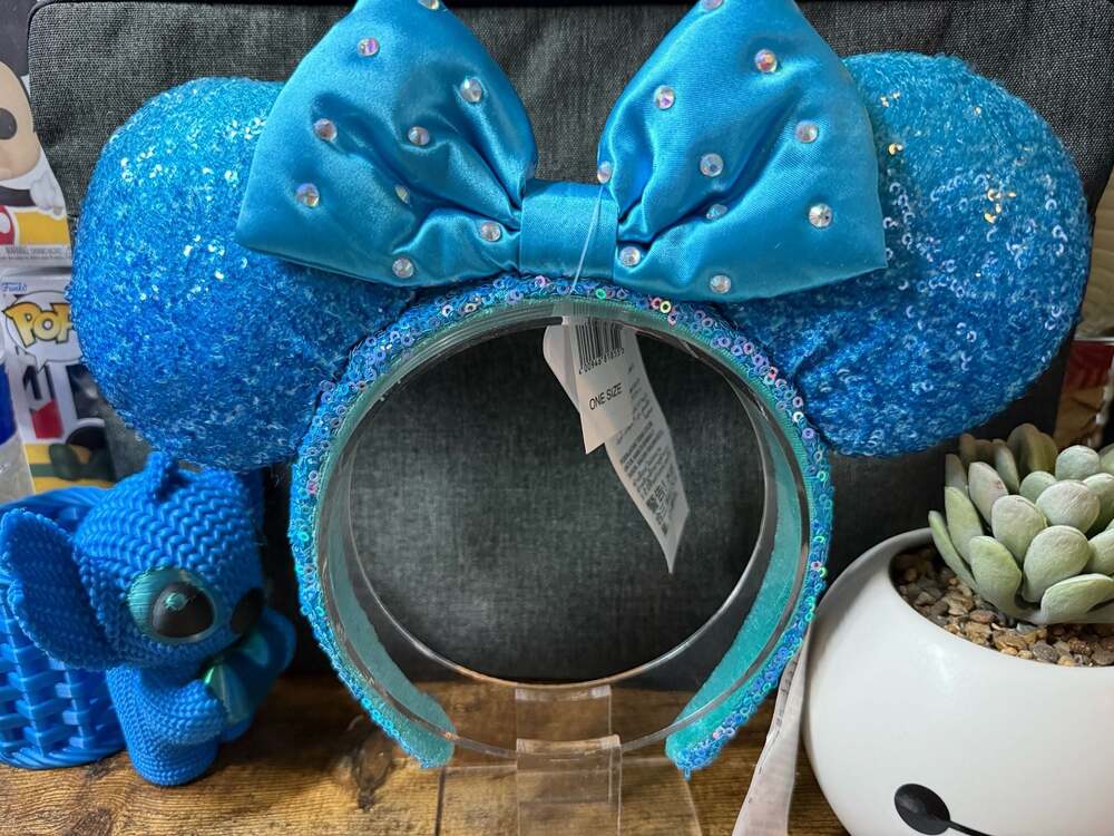 NWT Disney Parks Aqua Blue Sequin Ear Headband with Gemstone Bow